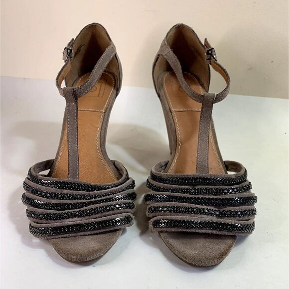 Anthropologie Bacio 61 Taupe Suede Wedge Sandals Chain Strappy - Picture 3 of 10